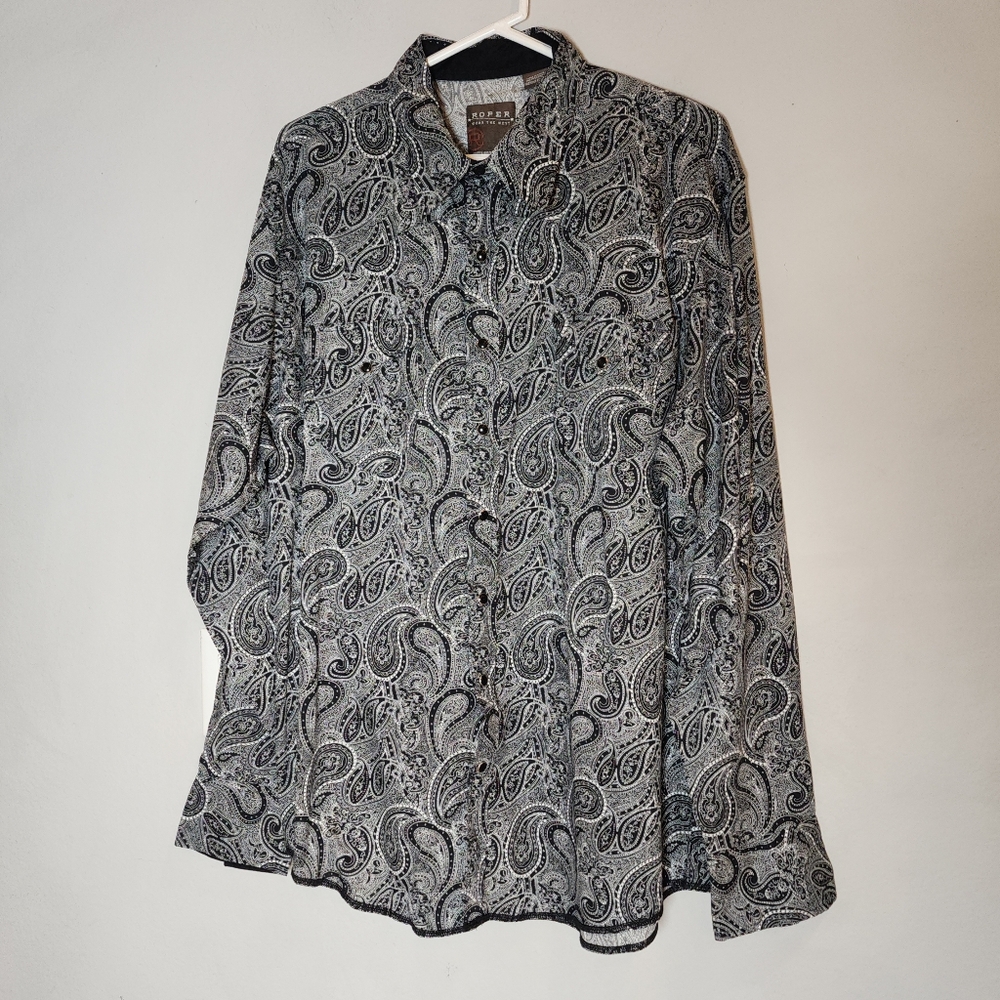 Roper Shirt 100% Cotton Black White Paisley Print Long Sleeve Button Up Size XL